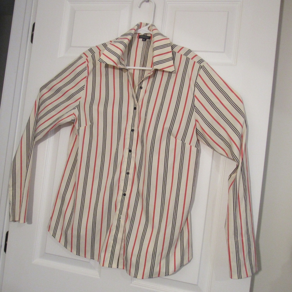 Babystyle Womens White Striped L/S Button Down Blouse/Top, 95% Tactel Sz: XL